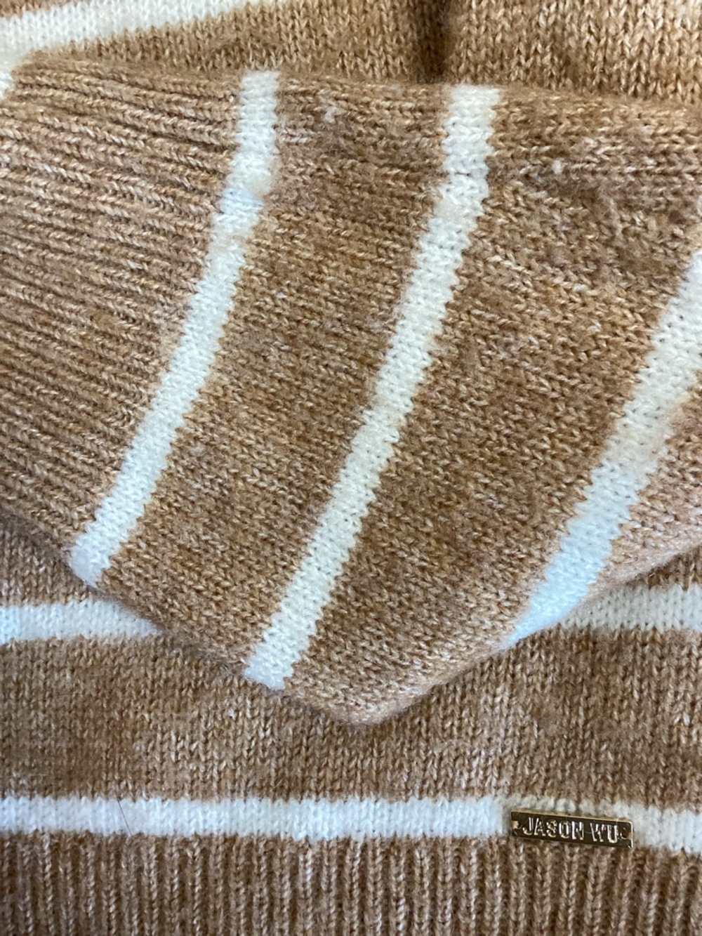Designer $89 JASON WU Wool Classic Crewneck Americana Striped Sweater Camel - Picture 10 of 11